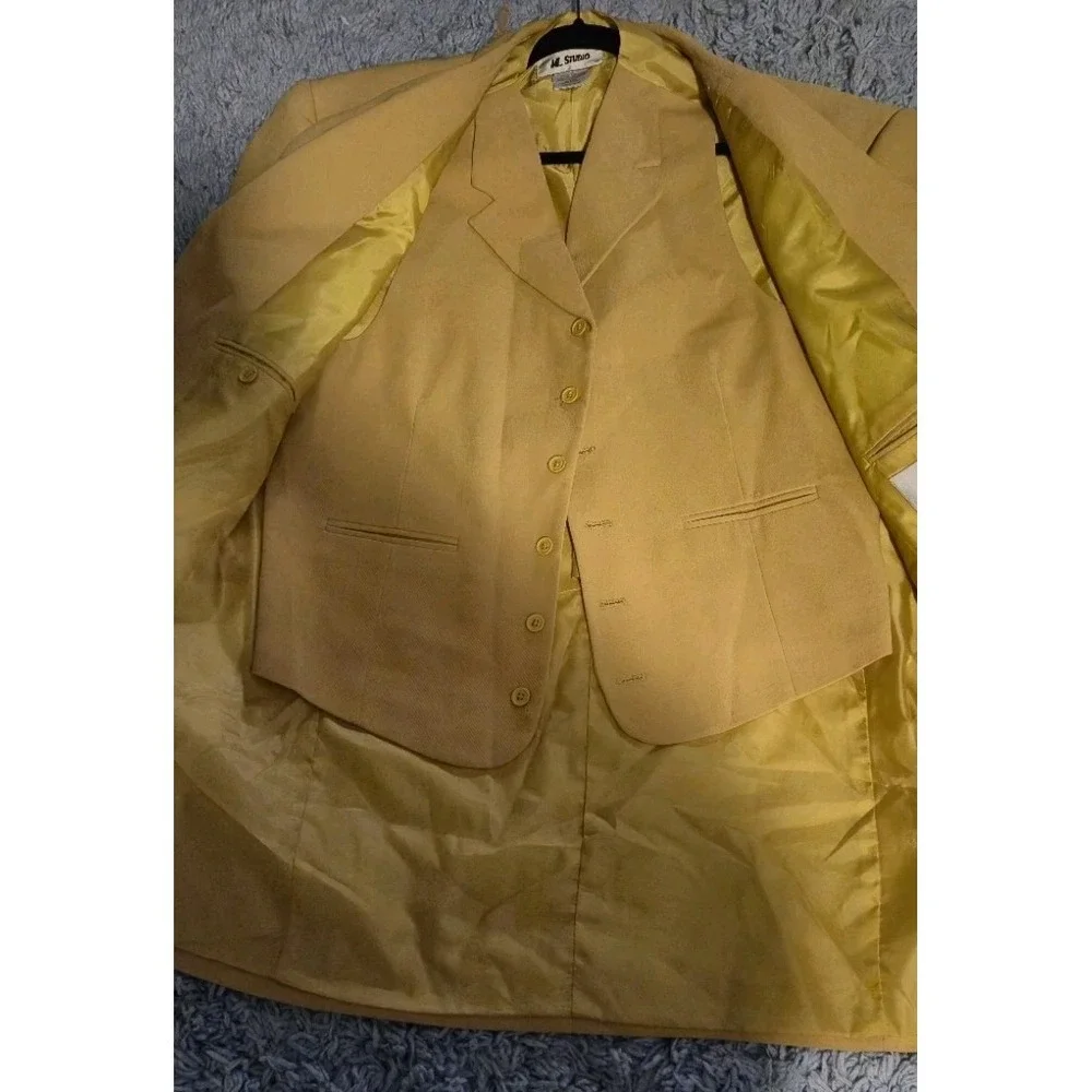 ML Studio‎ Tan Yellow Suit Jacket Coat Mens 42R Polyester Distressed 🟡
